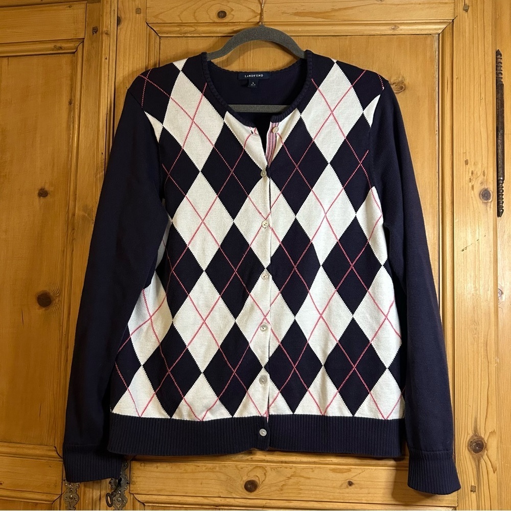 Lands' End Women’s Supima Cotton Argyle Cardigan Sweater Sz Large - Picture 1 of 7